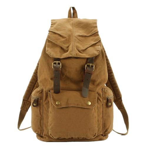 DremFreo Mochila de Lona Clásica  con Correas de Cuero Marrón  Bolsillos Múltiples