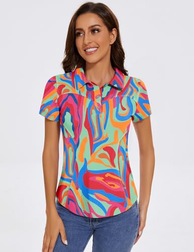 IECCP Poloshirts für Damen Kurzarm Polohemd Schnelltrocknend Golf Sportshirts Leicht Atmungsaktiv Tops Workout Sommershirts 2025 mit 3-Knopfleiste(Rot Druck,XL)