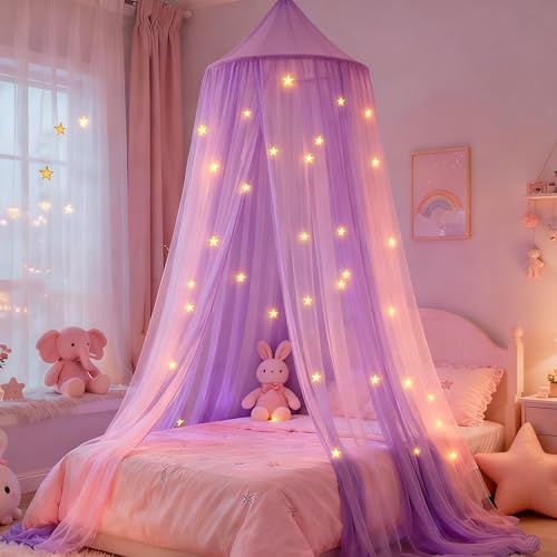 Image of Princess Pink Purple Bed Canopy with Glow in The Dark Stars,X-Large Two-Tone Bed Canopy for Girls Bed Net,Princess Canopy for Kids Bed Room Decor