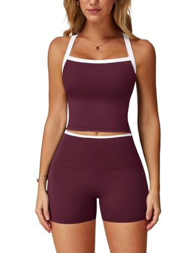 Two Piece Workout Sets For Women Straps Cross Back Tank Top Matching High Waist Booty Lifting Biker Shorts 2 Piece Gym Yoga Active Wear Outfits Womens Athletic Work Out Clothes Colorblock Wine Red S