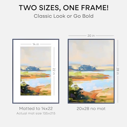 Image of Homeforia 20x28 Frame Navy Blue, High End Metal 20x28 Poster Frames with Mat 14x22 inch Photo, 20 x 28 Navy Blue Picture Frame Matted to 14 by 22 Print, 28x20 Frame, Tempered Glass, Wall Kit, Set of 1