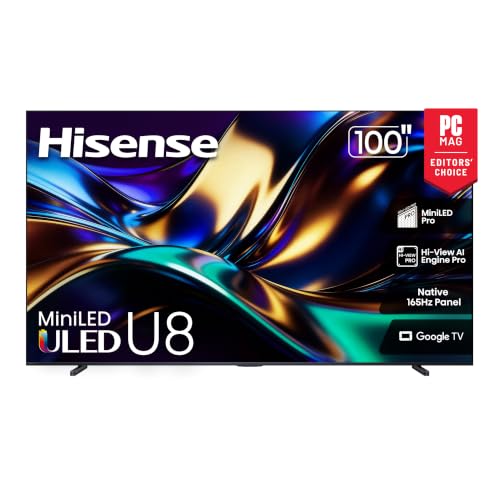 Hisense 100" U8 Series ULED Mini-LED 4K UHD Smart Google TV (100U8QG) - QLED, Native 165Hz, VRR 288, Up to LD5600, 5000 Nits, HDR10+, Dolby Vision IQ · Atmos, IMAX Enhanced, 4.1.2 Ch Audio