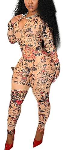 RISCUYY - RISCUYY Sexy Jumpsuits for Women Stretchy Slim Zipper Colorful Print One Piece Going Out Sexy Club Outfits for Women 2026