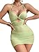 Foxiny Sexy Chain Sheer Mesh Ruched Bodycon Mini Lingerie Dress with Thong 2 Piece Set Outfits Women See Through Halter Night Gown Negligee Grass Green Large