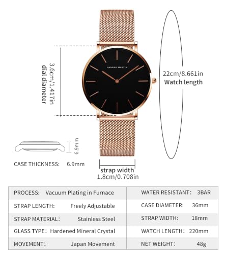 Image of HANNAH MARTIN Watches for Women Analog Women's Watch with Stainless Steel Expansion Band Minimalist Slim Dial 30M Waterproof Ladies Dress Wristwatch for Casual Daily Business