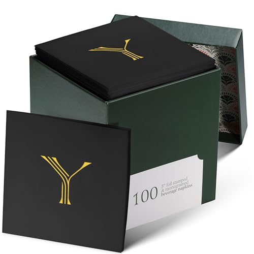 100 Pack Disposable Monogrammed Cocktail Napkins Black, 5"x5" Linen-Feel Gold Foil Letter Y Paper Napkins, Initial White Beverage Napkins For Wedding, Party, Bar Or Holiday