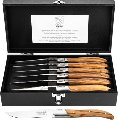 Laguiole Style De Vie Steak Knives, Luxury Line, 6 Pieces, Olive Wood, in Giftbox