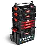 🛞 LA MALETTE À ROULETTES - Avec une capacité de 38 litres, la mallette à outils mesure 54 x 30 x 35 cm à l’extérieur. À l'intérieur, 2 séparateurs amovibles divisent la boîte (49 x 26 x 32 cm) en trois compartiments : 2 x 13 cm et 1 x 19 cm de large. Une cloison offre 9 espaces ronds (2 cm) pour les tournevis et 3 espaces rectangulaires (7 cm) pour les pinces. Équipée de roues silencieuses de 18 cm et d'une poignée télescopique en aluminium extensible (jusqu'à 98 cm de hauteur) pour un transport sans effort.