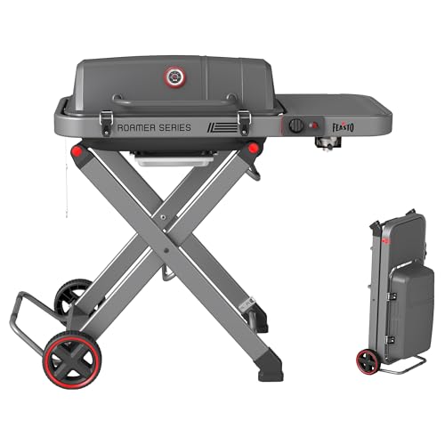 FEASTO Portable Propane Gas Grill with Folding Cart & 13000 BTUs Burner, 360 Sq. In. Cast Iron Cooking Grates, Side Table, 8' Wheels, Stainless Grease Tray for Outdoor BBQ, Camping & Tailgating, Grey