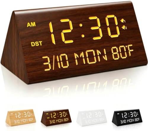Premium Wooden Digital Alarm Clock with USB Charging Ports, Dimma...