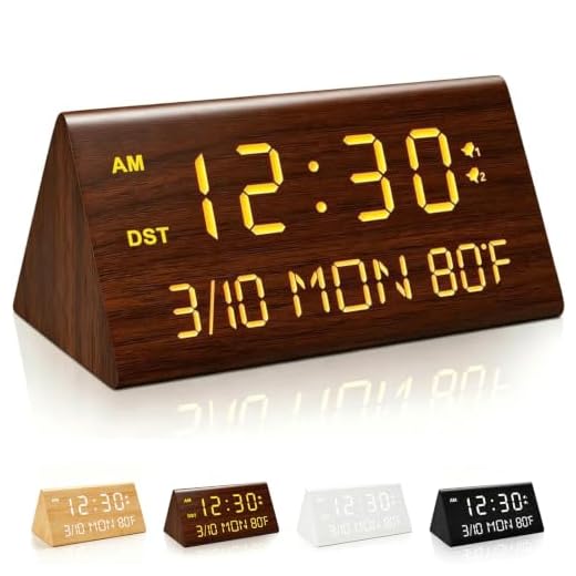 Kogonee Wooden Digital Alarm Clock, 0-100% Dimmer, 2 Alarm Settings, Weekday/Everyday Mode, 9 Mins Snooze, 12/24H, Temperature and Date Display for Office, Travel, Bedroom Alarm Clock (Brown)