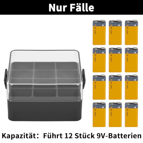 Organizer na baterie, pojemnik do przechowywania baterii, pojemnik na 12 baterii 9 V, tworzywo sztuczne, przezroczysty, ochronny uchwyt na baterie do podróży / domu / biura (czarny, S-12 szt., 9 V)