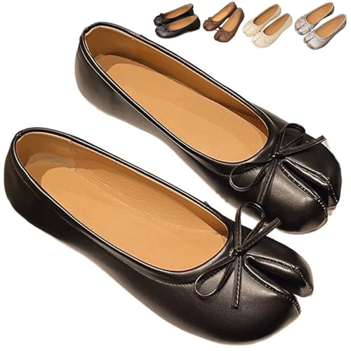 Women Trendy Low Heel Ballet Flat - Bowknot Split Toe Design Decor Casual Comfortable Daily Walking Shoes (Black,23.0 cm)
