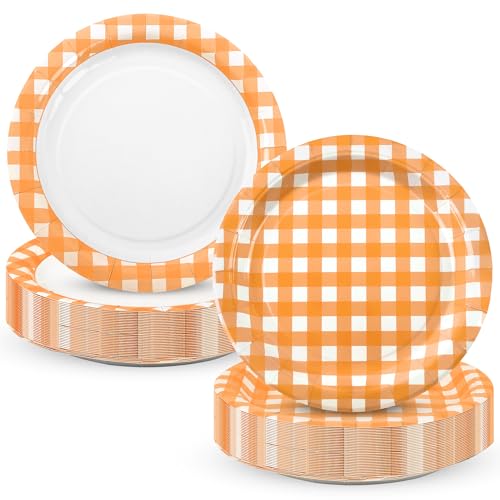 48pcs 9 Inches Orange gingham Paper Plates Fall Plaid Paper Plates Harvest Thanksgiving Party Disposable Orange and White Decorative Dinner Dessert Serving Plates for Harvest Thanksgiving Party