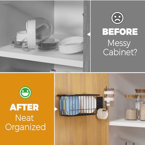 4 Pack Adhesive Cabinet Door Organizer - Tumbler Lid Organizer & Kitchen Storage baskets for Kitchen, Bathroom, Inside Cabinet Door Storage for Cup Lids, Spices, Small Supplies, Space-Saving (Black) - Thumbnail 7