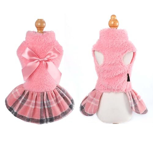 Image of Dog Sweater Dog Winter Clothes for Small Dogs Boy Girl Fall Puppy Dress Warm Fleece Chihuahua Yorkie Teacup Doggy Sweaters Dresses Doggie Sweater for Small Dogs Girl Cat Sweaters, Plaid Pink, XXS