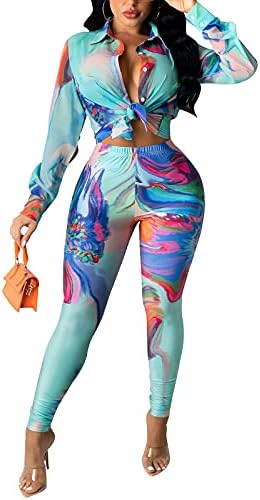 YouSexy 2 Piece Legging Pant Sets for Women Floral Print Long Sleeve Crop Top and Bodycon Pants Tracksuits Outfits
