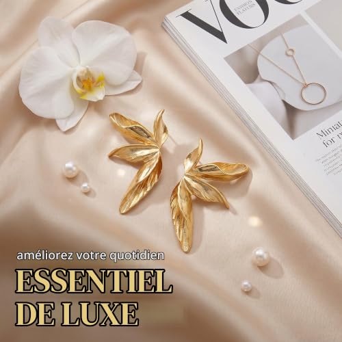 XENQITO 1 Paires Boucles D'oreilles Femme Fleur, Grosses Boucle D'oreilles Or, Élégant Earrings Feuille en Forme D'éventail, Exquis Earrings Dorado en Métal Hypoallergénique Bijoux pour Filles – vue 7