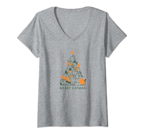 Mujer Merry Catmas, Meowy Catmas Katzenweihnachten für Katzen fans Camiseta Cuello V
