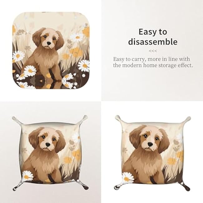 Puppy in The Flowers Small Personalized Leather Storage Tray, Desktop Storage Box, Optimized Space Management