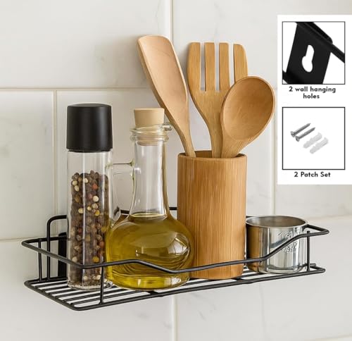 Image of Wall Mounted Storage Rack for Kitchen & Bathroom | Metal Wire Shelf Organizer for Spices, Toiletries & Accessories | Rustproof Wall Shelf | Space Saving Storage (Black) (Pack of 2)