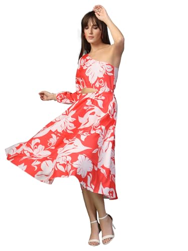 OOMPH! Women's Printed Crepe Asymmetric Midi Dress, Scarlet Red, X-Large