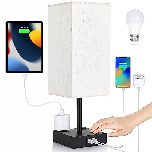 Soilsiu Bedside Table Lamp for Bedroom - Touch Small Lamp with USB C+A Charging Ports & AC Outlets, 3 Way Dimmable Nightstand Light for Living Room (LED Bulb Included, Flaxen) by Soilsiu - Used condition - US$20.76