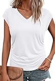 Bliwov Womens Summer Tops Business Casual Cap Sleeve V Neck T Shirts Trendy Outfits Beach Vacation Clothes Fashion Blouses XL White
