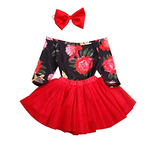 3Pcs Newborn Baby Girl Outfits Clothing Kids Cute Floral Off Shoulder Romper Top+Tulle Tutu Skirt Dress with Headband(Red+Black, 6-12 Months)