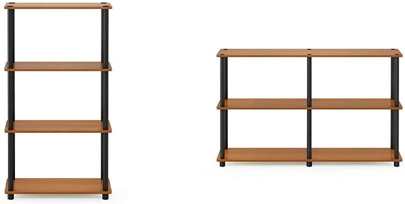 Furinno (99557LC/BK) Turn-N-Tube 4-Tier Multipurpose Shelf Display Rack - Light Cherry/Black & 99634LC/BK Turn-N-Tube 3-Tier Double Size Storage Display Rack, Light Cherry/Black