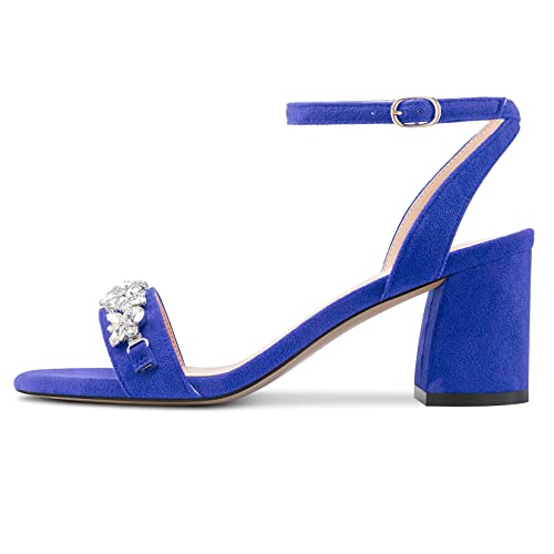 Saekcted Women Chunky Block Mid Heel Peep Open Toe Sandals Ankle Strap Rhinestone Crystal Casual Dress Shoes3