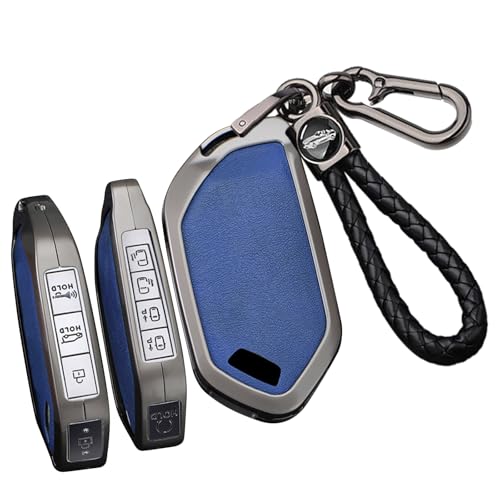 SANRILY PU Leather 5/6/7/8 Button Key Fob Cover Compatible with Kia Telluride 2024 2023 Sorento EV9 Picanto Seltos All New K5 2023 Keyless Smart Key Case with Weave Keychain Black-blue