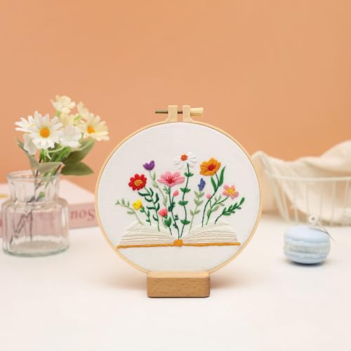 Image of Louise Maelys Book & Flowers Embroidery Kit for Beginners Decor Craft Gift | Needlepoint Kit with Pre-Printed Fabric, Hoop, Needles, Color Threads & Detailed Guide, DIY Cross Stitch Kits for Women