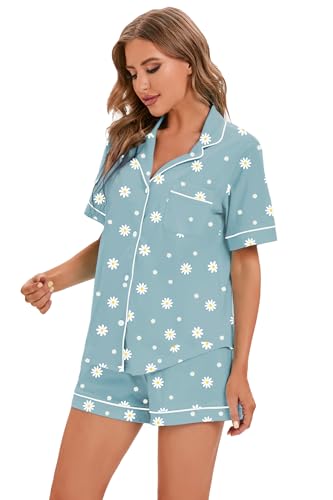 Image of LUBOT 100% Cotton Pajamas for Women 2 Piece PJ Set Button-Down Soft Knit Short Sleeve Summer Sleepwear Loungewear XS-XXL