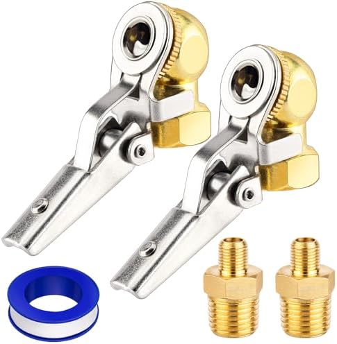 2-Pack 1/4'' Female NPT Air Chuck with Clip, Locking Closed Ball Tire Chuck with Inflator Adapter 1/4 NPT (m) to Schrader Valve (m), 2-Way Connection Tire Nozzle for Tire Inflator Air Compressor Hose
