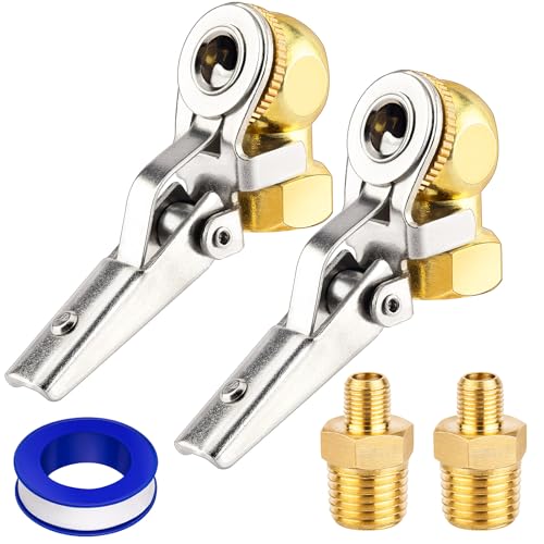 2-Pack 1/4'' Female NPT Air Chuck with Clip, Locking Closed Ball Tire Chuck with Inflator Adapter 1/4 NPT (m) to Schrader Valve (m), 2-Way Connection Tire Nozzle for Tire Inflator Air Compressor Hose