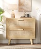 Keehusux 23.6' W Rattan Nightstand with Charging Station, Large Bedside Table with 2 Drawers, Wooden End Table with Solid Wood Legs, Boho Night Stand for Bedroom, Natural Oak KES009MECTG