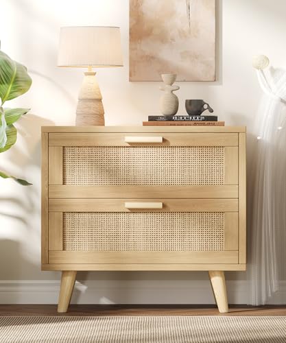 Keehusux 23.6 W Rattan Nightstand with Charging Station Large Bedside Table with 2 Drawers Wooden End Table with Solid Wood Legs Boho Night Stand for Bedroom Natural Oak KES009MECTG