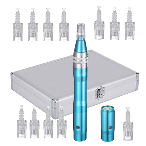 Derma Pen rechargeable bleu sans fil à micro-aiguilles avec 12 cartouches et 5 vitesses