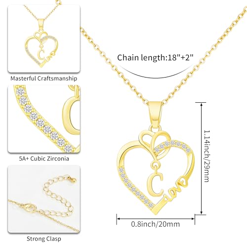 KYNOX Heart Initial Necklaces for Women Valentines Day Gifts for Women Hers 14K Gold Plated Cubic Zirconia Heart Pendant Necklace Letter A-Z Zircon Pendant Jewelry Gift for Wife (Gold, C) — view 3