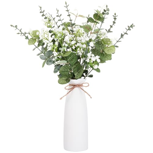 Image of saerryor 22 Pcs Artificial Eucalyptus Stems Baby's Breath Bouquet with Vase