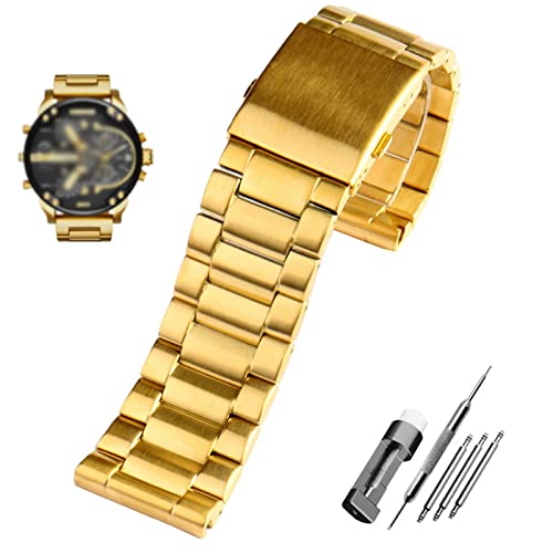 GANYUU Stainless steel watchband 22mm 24mm 26mm 28mm men solid metal bracelet for diesel DZ7333 DZ4344 watches band (Color : Golden, Size : 28mm)