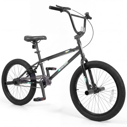 Goplus Freestyle BMX Bike, 20' Trick Bicycle w/ 360 Degree Steering, 4 Pegs, Adjustable Seat, U-Brake, Hi-Ten Steel Fram