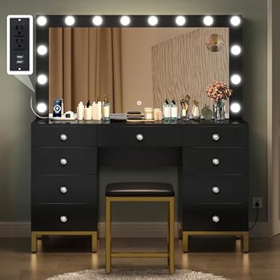 DWVO Black Vanity Desk with Large Mirror, Lights and Charging Station - Large Makeup Table Set with 14 LED Lights Bulbs, Magnifying Glass Drawers and 3 Light Modes