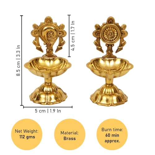 Image of EAC Pure Brass Shanku Chakra Diya, Shanku Chakra Deepalu for Home Temple Office Decor & Diwali Gifting (3 inch, Set of 2)