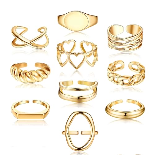 JeryWe 10 Stücke Damen Ringe Set Chunky Statement Fingerringe Breiter Verstellbar Stapelringe Knöchel Ring Offen Verdrehte Midi Bandring für Teenager Mädchen Gold