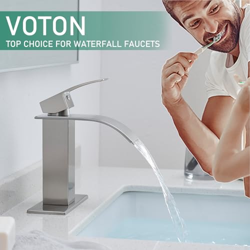 VOTON Bathroom Faucets Brushed Nickel Waterfall Bathroom Sink Faucet Modern Single Handle Bathroom Faucet for 1 or 3 Holes with Deck Plate