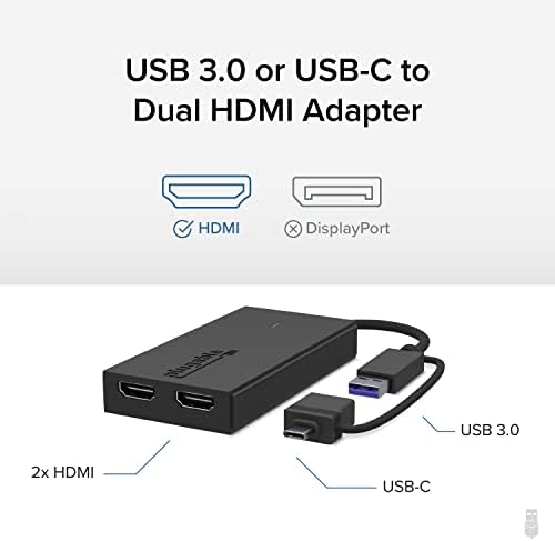 Plugable USB 3.0 or USB C to HDMI Adapter for Dual Monitors, Universal Video Graphics Adapter for Mac and Windows, Thunderbolt 3/4, USB 3.0 or USB-C, 1080p@60Hz
