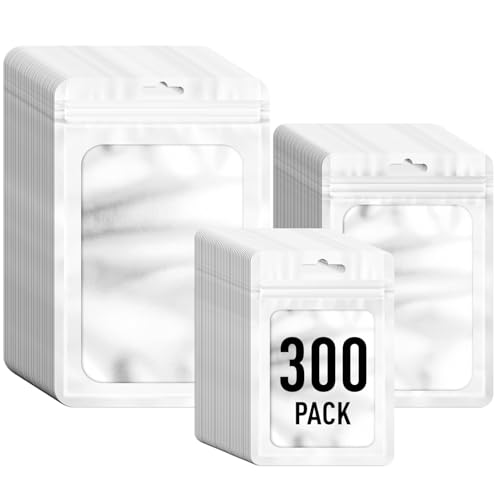 ANZNKU 300 Pcs Mylar Bags 3 Size, White Resealable Smell Proof Bag Sealable
