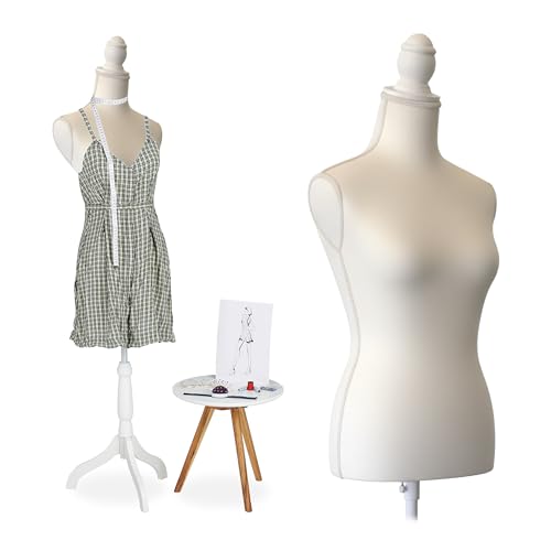 Maniquí Relaxdays, Mujer, Talla 36/38, Altura Regulable de 160 a 175 cm, con Soporte de Madera, Blanco